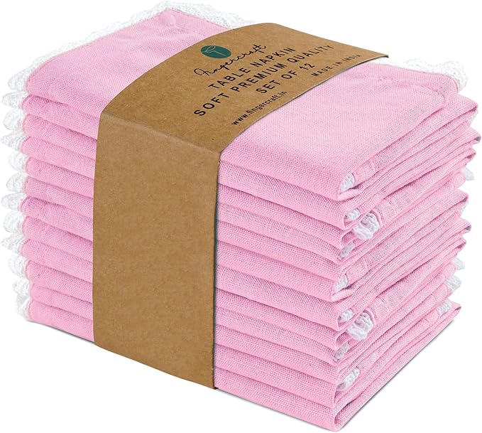 Fingercraft Dinner Cloth Napkin Cotton Linen Blend 12 Pack 12In Mitered Corners with Elegant Lace for Everyday Use Napkins Cloth are Pre Shrunk and Good Absorbency Pastel Rose