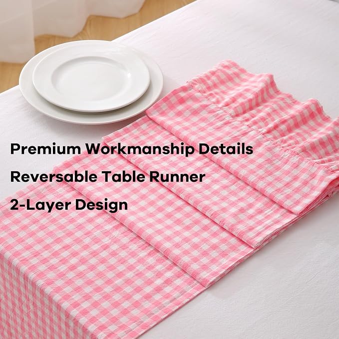 Coral Pink White Plaid Gingham Ruffle Table Runner 108 inches Long 100% Washed - Image 5