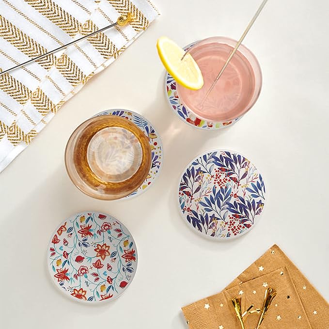 AD Set of 6 Coasters for Drinks Absorbing Round Ceramic Stone Coaster with Cork Base Tabletop Protection Mat for Mugs and Cups,Office,Kitchen (Watercolor Flowers)