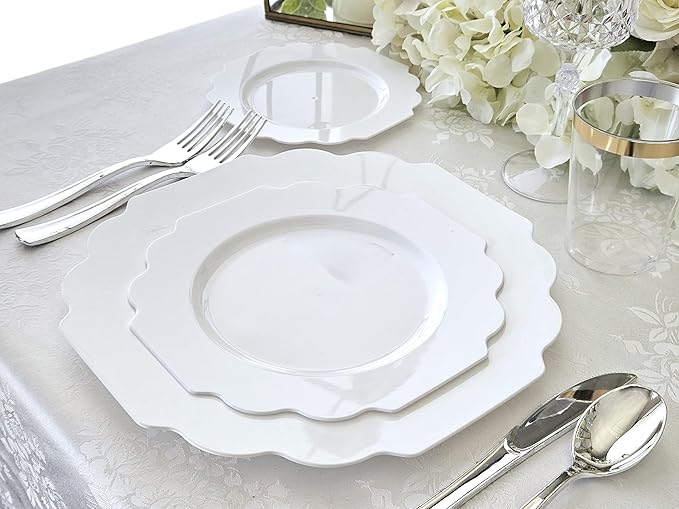 " OCCASIONS " 50 Plates Pack (25 Guests)-Heavyweight Wedding Party Disposable Plastic Plate Set -(25x10.5'' Dinner + 25x8'' Salad/Dessert) (Imperial in White)