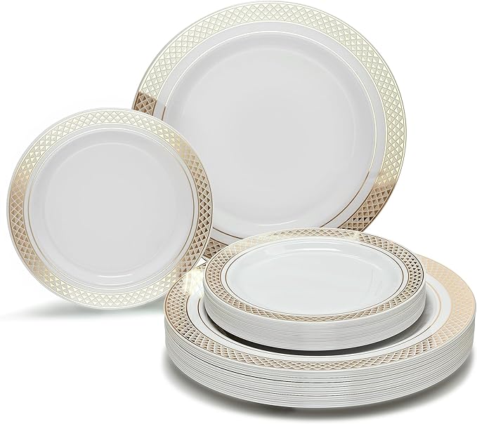 OCCASIONS 240 Plates Pack,(120 Guests) Heavyweight Premium Wedding Party Disposable Plastic Plates Set -120 x 10.5'' Dinner + 120 x 7.5'' Salad/Dessert (Celebration White & Gold)