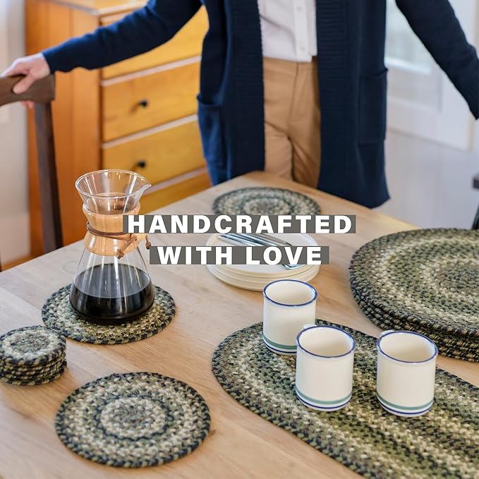 Homespice Pinecone Round Braided Placemats, Warm Country Rustic Decor, Set of 2, 15", Green Jute Table Mats - Vibrant Colors, Durable, Easy to Clean and Protects Furniture