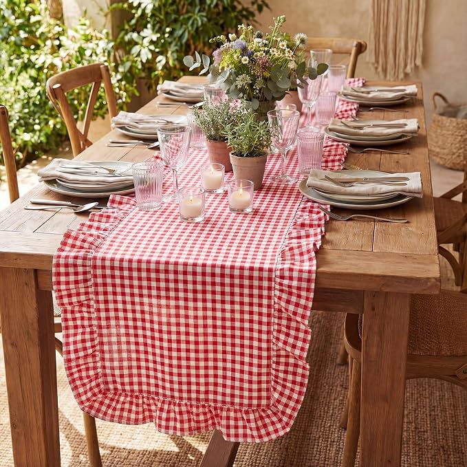 HunnmingRe 1 Pc Gingham Table Runner Red, 118 X 13.8 Inch | Cotton Dresser Scarf - Image 5