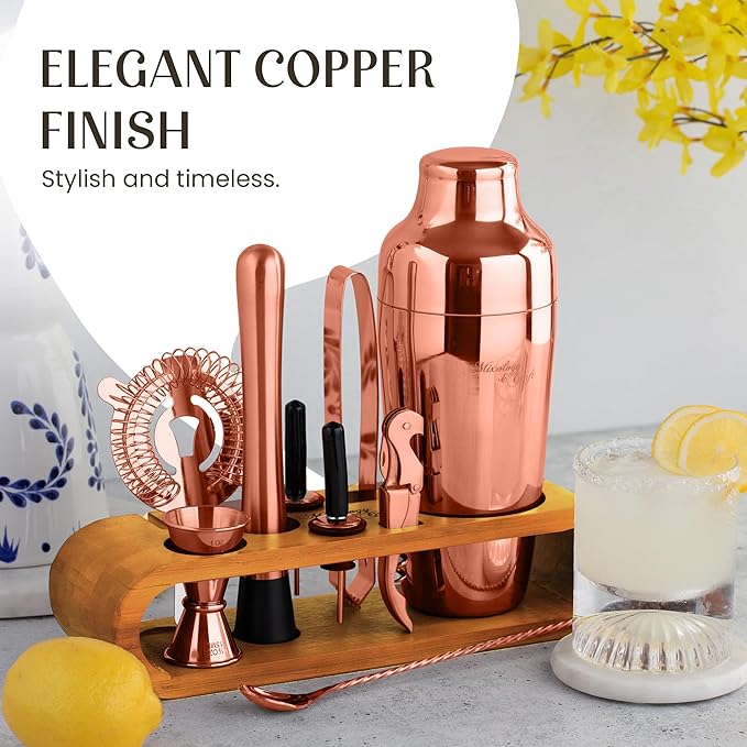 Mixology & Craft Cocktail Shaker Set with Bamboo Stand - Professional 10-Piece Bartender Kit - Complete Bar Set & Cocktail Mixer Kit for Home (Copper)