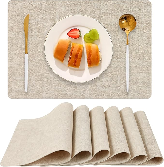 Faux Leather Placemats Set of 6, Heat Resistant Wipeable Washable Vinyl Place Mats, Waterproof Anti-Slip Dining Table Mats, Suitable for Indoor & Outdoor Use (Beige)