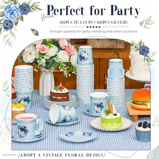 Nuogo 200 Pcs Floral Paper Tea Cups and Saucers 7 oz Disposable Paper Teacups - Image 5