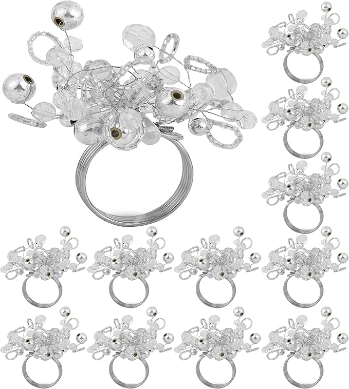 12 Pcs Decorative Beaded Napkin Rings - Elegant Napkin Ring Modern Cloth Napkin Holders for Table Kitchen Dinner Decor Party Wedding Special Occasion Everyday Use (Silver) - ALPHA Living HOME