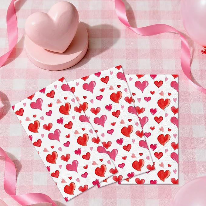 Valentine' s Day Paper Napkins - 100 Pcs Red Heart Decorative Dinner Napkin Sets Disposable, Cocktail Luncheon Party Decorations Supplies for Guest Engagement Anniversary Wedding 7.9 x 4.3 In