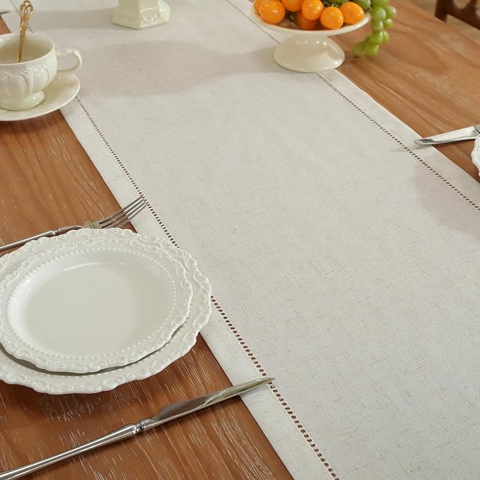 Light Natural Handmade Hemstitched Linen Blend Table Runner - Image 3
