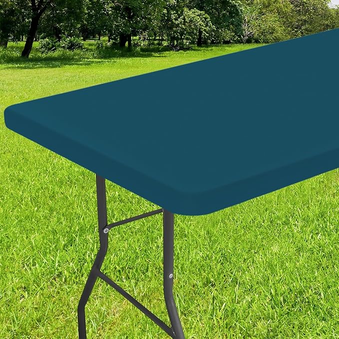 Smiry Rectangle Tablecloth, Elastic Fitted Flannel Backed Vinyl Tablecloths for 8ft Folding Tables, Waterproof Wipeable Table Covers for Indoor, Outdoor, Camping and Picnic (Peacock Blue, 30"x96")