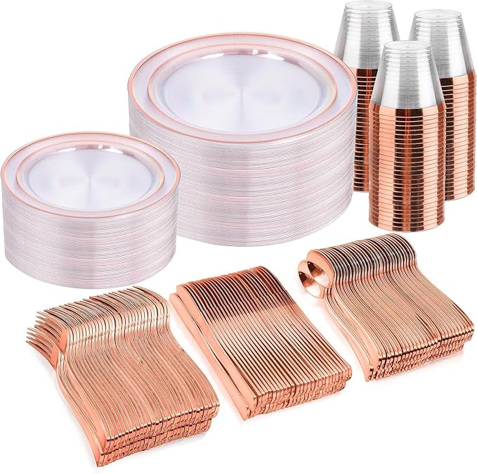 bUCLA 300PCS Rose Gold Plastic Dinnerware by BUCLA