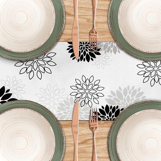 Dahlia Flower Table Runner 13x90 Inch Farmhouse Blue Gray Runners Modern Table - Image 4