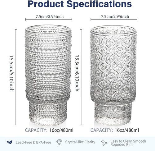 16oz Drinking Glasses Set of 4, 2 Hobnail Glasses & 2 Embossed Water Goblets, Flower Design Stackable Vintage Tumbler Glasses, Old Fashion Beaded Glass Cups for Cocktail, Iced Coffee, Beer