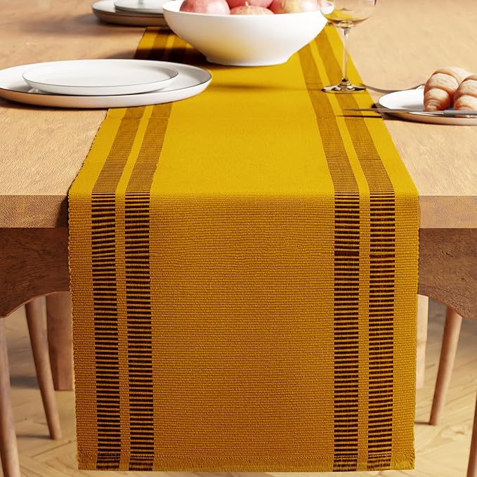Encasa XO Table Runner, Yarn Dyed Ribbed Cotton 13"x94" | Ladder Yellow by EncasaXO