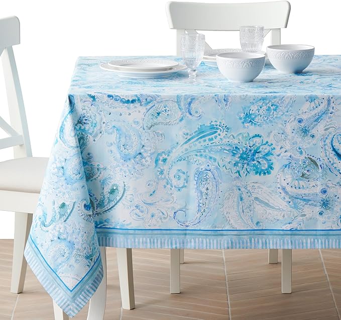 Maison d' Hermine Premium Table Cloth Rectangle Table 100% Combed Cotton 90 x 70 Inches Tablecloth Reusable Decorative for Dining Room, Farmhouse, Home, Party, Festive & Wedding - Paisley Blues