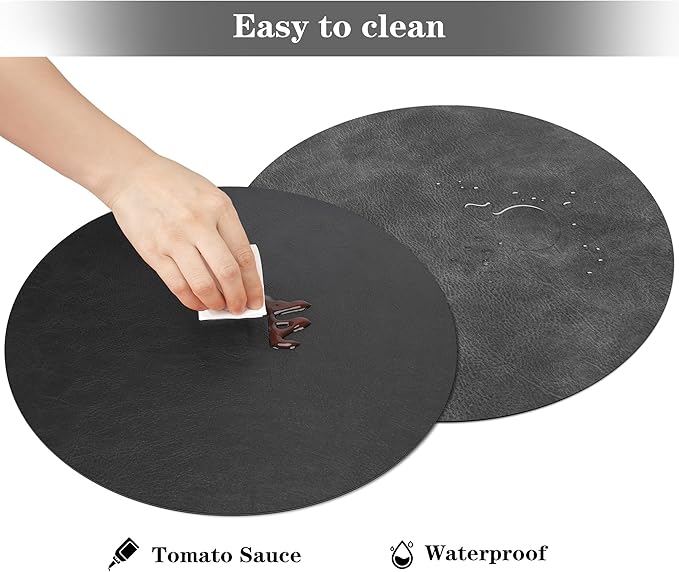 Round Placemats and Coasters Set of 8, Washable Reversible Faux Leather Placemats Cowhide Pattern Place Mats Wipeable Non-Slip 15 inch Round Kitchen Dining Table Mats (Gray Black, 8)