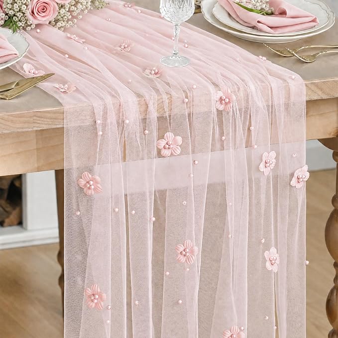 Artoid Mode Pink Flower Pearl Pink Gauze Table Runner 10FT, Seasonal Sheer by ArtoidMode