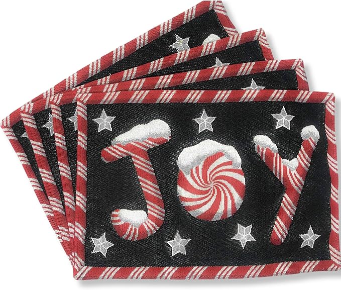 DaDa Bedding Starry Peppermint Joy Placemats - Set of 4 Festive Christmas Winter Holiday Tapestry - Red Black & White Cotton Linen Woven Yueltide Dining Table Mats - 13” x 19” (12904)