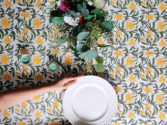 ATOSII Noor 100% Cotton Rectangle Spring Tablecloth, Handblock Floral Print Linen Table Cloth for Kitchen Dining I Parties, Outdoors, Weddings, Easter Holidays I 72 X 108 Inches I 8 Seater