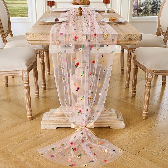 BINBE 6pcs Pink Daisy Spring Table Runner Embroidery Gauze 10FT Florals - Image 7