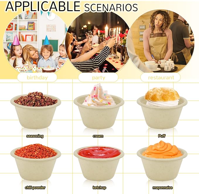 LeonBach 200 Pack 2oz Natural Sugarcane Paper Bowls, Compostable Paper Condiment Snack Sample Tasting Serving Cups Biodegradable Food Containers Small Dipping Cup