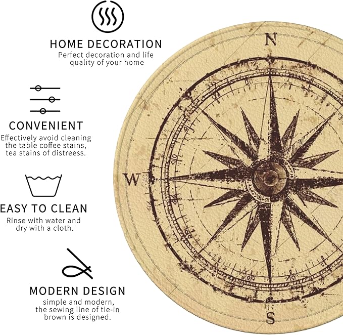 Compass Coasters Leather Round Drink Coasters 6 Pcs Set with Holderor for Cup Drink Coffee Table Bar Home Decor