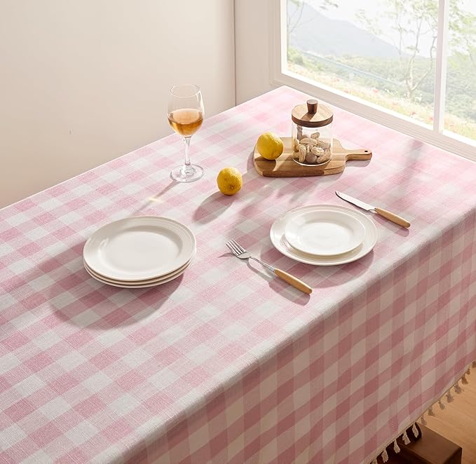 Softalker Valentines Pink Gingham Tablecloth Rectangle, Outdoor Linen Cotton Checkered Table Cloth with Tassel, Heavy Duty Wrinkle Free Plaid Table Cover for Easter Dining Spring Party - 55 x 70 Inch