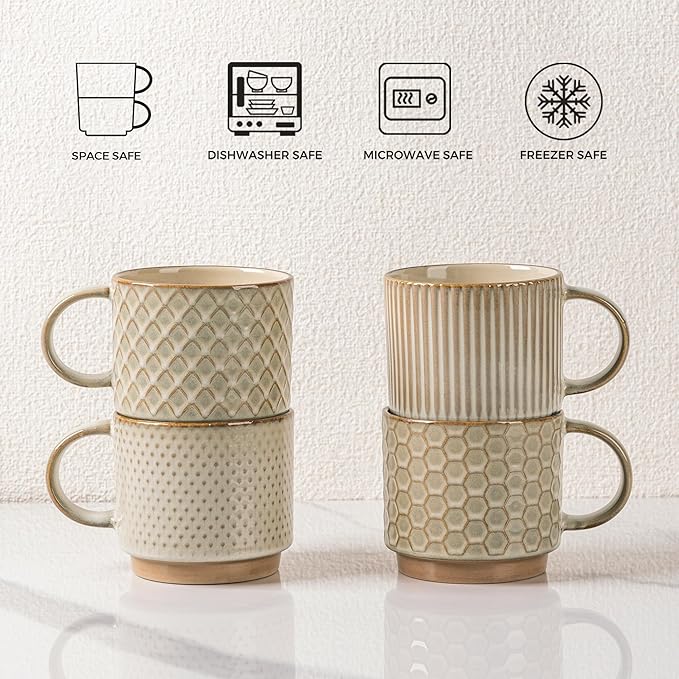 GBhome 12 OZ Stackable Coffee Mugs Set of 4, Ceramic Coffee Cups Set | Coffee - Image 7