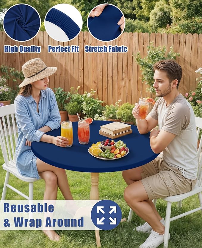 Round Spandex Tablecloth 2 Pack, Elastic Fitted Waterproof Tablecloths for 36"-44" Tables, Stretch Washable Picnic Table Cover for Camping, Dining, Indoor and Outdoor, Navy