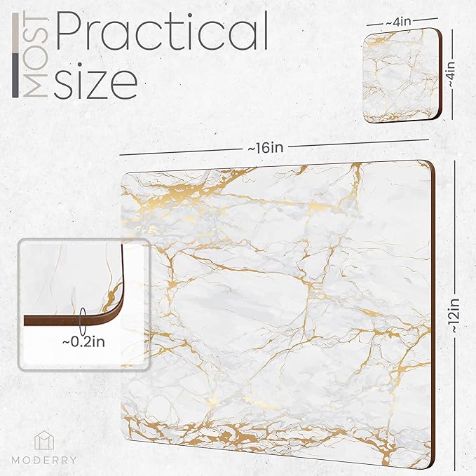 Set of 4 Heat Resistant Cork Placemats for Dining Table with Free Set of 4 Matching Drink Coasters Marble Design 16 x 12 Inches Cork Backed Hard Placemats (Foiled Gold)