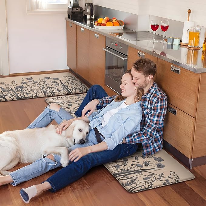 KIMODE Anti Fatigue Kitchen Mats for Floor, Farmhouse Kitchen Rugs Sets of 2, Cushioned Kitchen Floor Mats, Comfort Standing Mat for Sink, Laundry, Office, Desk Brown/Grey 17"x47"+17"x29"