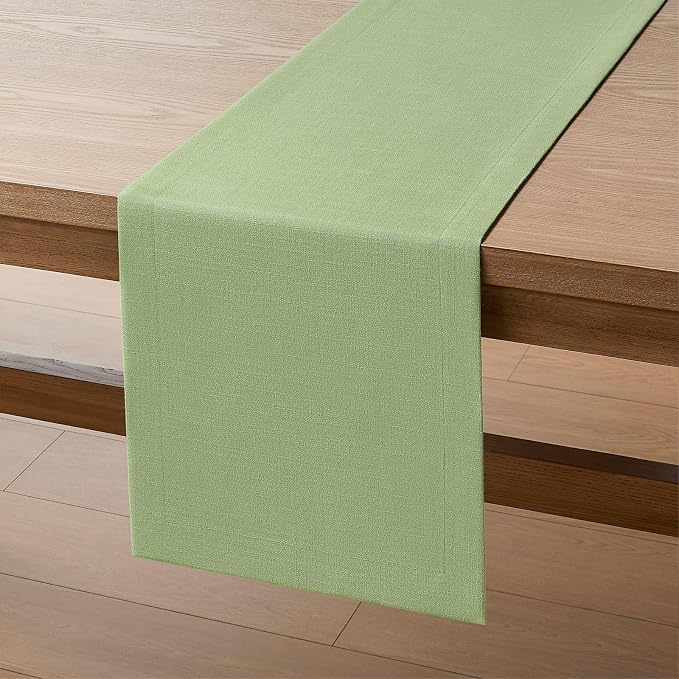 Linen Textured Border Table Runner, 14 x 60 Inch Green | Mitered Corner Design - Image 7