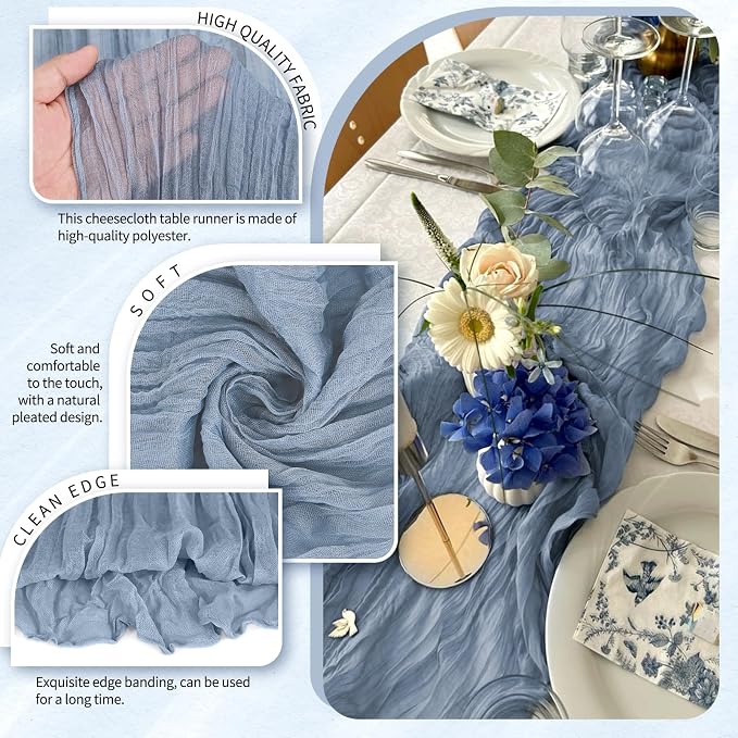 4 Pack Cheesecloth Table Runner 10FT Dusty Blue Table Runner Boho Gauze Cheese - Image 3