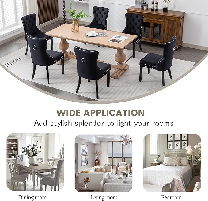 KCC Velvet Dining Chairs Set of 2, Upholstered High-end Tufted Dining Room Chair with Nailhead Back Ring Pull Trim Solid Wood Legs, Nikki Collection Modern Style for Kitchen, Black
