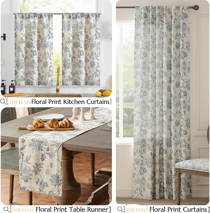 jinchan Blue Floral Linen Table Runner 13 x 72 Inch Farmhouse | Solid color - Image 7