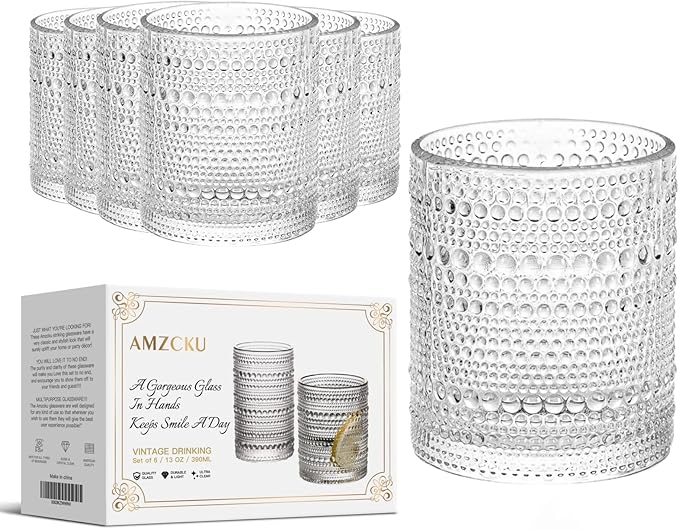 Amzcku Vintage Drinking Glass Set of 6 Kitchen Glasses Cup（13 OZ），for by Amzcku