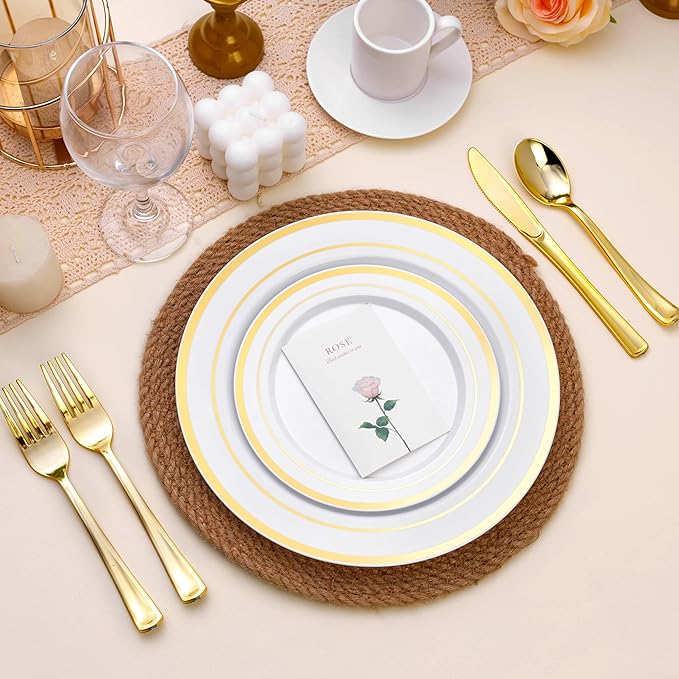 BESTSTAR 100PCS White Plastic Plates for Party, 10.25 Inch Disposable Plates with Gold Rim, Heavy Duty Dinner Plates for Christmas, Party, Wedding and Birthday