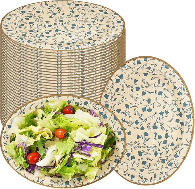 Oval Disposable Paper Plates 50 Count, Heavy Duty Disposable Plates Dinner Plate Microwavable Plates For Everyday Breakfast, Lunch & Dinner Meals (Floral Pattern)