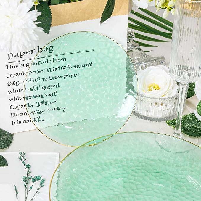 Rubtlamp 60 Pcs Green Gold Plastic Plates, Hammered Plastic Salad Plates, Green Disposable Plates With Gold Rim,7 Inch Disposable Dessert Platos, Disposable Dessert Appetizer Platos for Party