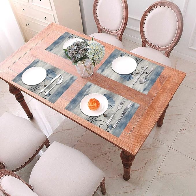 Floral Place mats Set of 4, 12x18 Inches Rustic Blue Daisy Flower Decorative Placemats Rectangle Summer Floral Table Mats for Party Home Kitchen Dining Table Decor