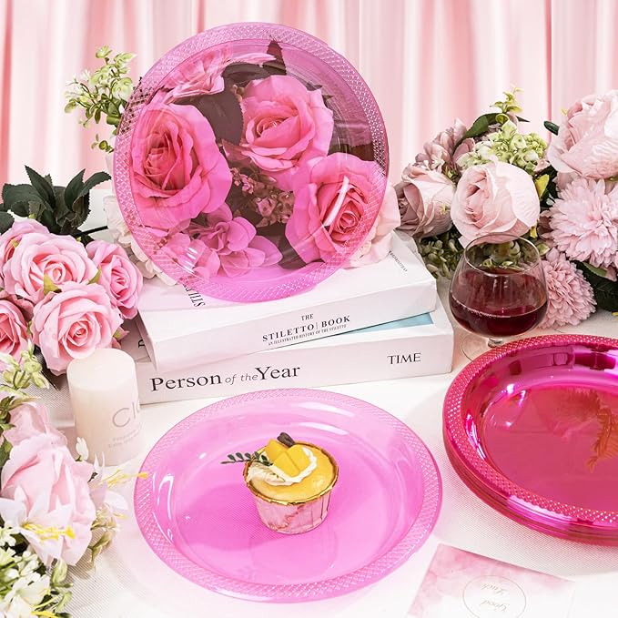 WELLIFE Neon Pink Party Plates 9 Inch -150 Count, Translucent Pink Plastic Disposable Dessert Plates for Fluorescent Neon Theme Party Cake Appetizers Valentine's Day Easter Baby Shower Mother's Day