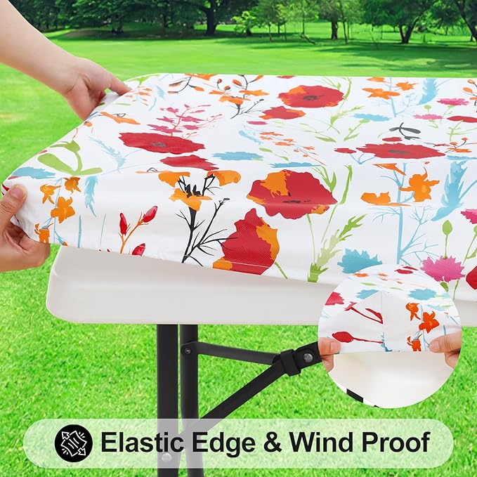 Smiry Rectangle Table Cloth Cover, Waterproof Elastic Fitted Picnic Tablecloth for 6 Foot Tables, Wipeable Flannel Backed Vinyl Tablecloths for Camping, Dining, Outdoor (Off White, 30" x 72")