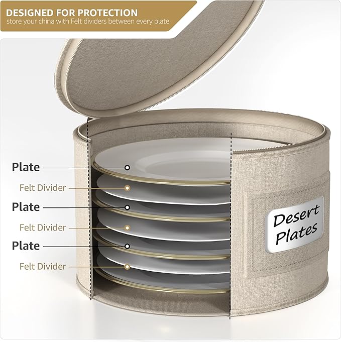Sorbus China Storage Containers – Dinnerware Organizer for Dessert Plates with Lid (Holds Service for 12) with Felt Protectors – 7.25" x 5"
