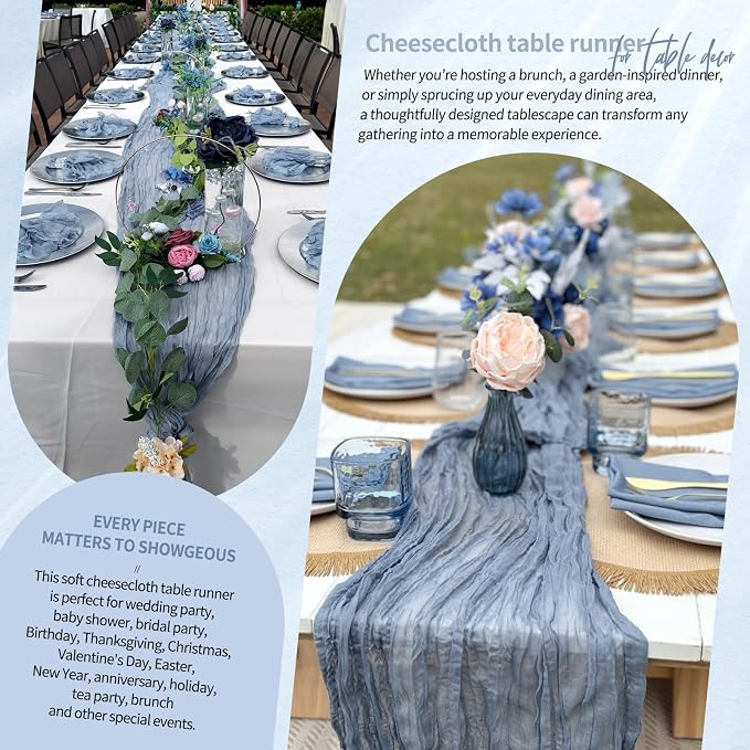 Showgeous 2 Pack Dusty Blue Cheesecloth Table Runners Boho Wedding Decor | - Image 8