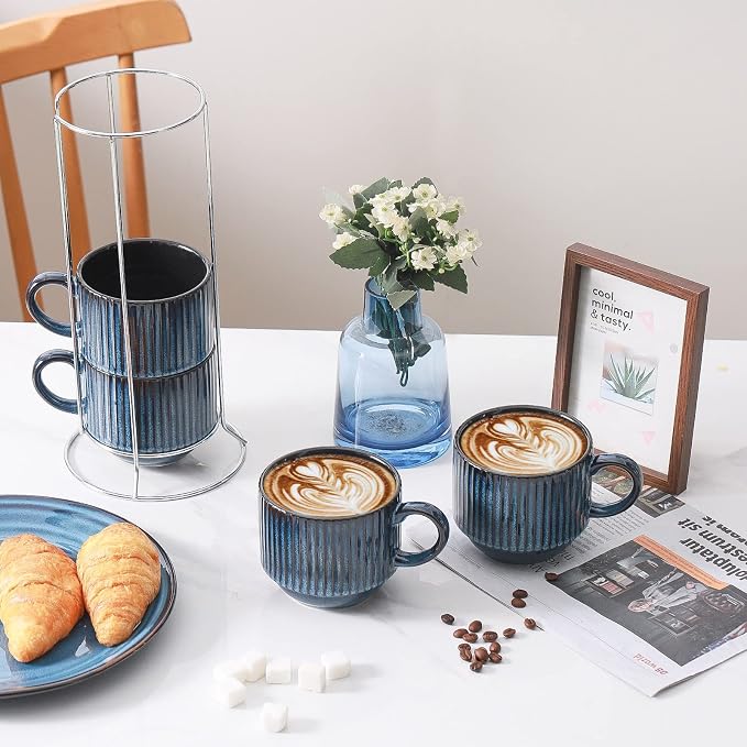 HASENSE 15 Oz Ribbed Stackable Coffee Mug Set of 4, Ceramic Latte Cups - Image 5