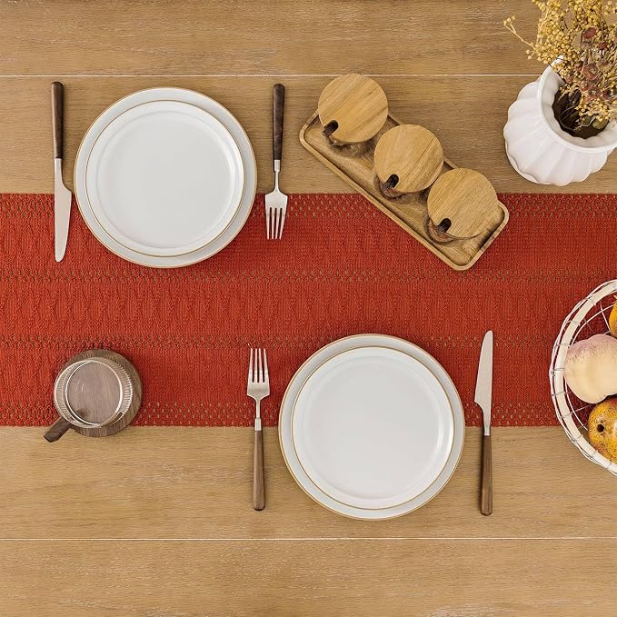 Macrame Style Boho Table Runner, 12x48 Inch Dark Orange | Woven Boho Table - Image 4