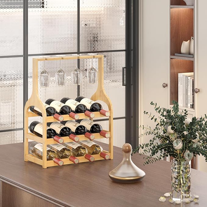 Wine Rack Countertop for 12 Wine Bottles and 4 Glass Holder, Small Bamboo Free Standing Racks Tabletop Display, Wooden Wine Storage Organizer for Cabinet Pantry Kitchen Bar Home Dining Room (Natural)