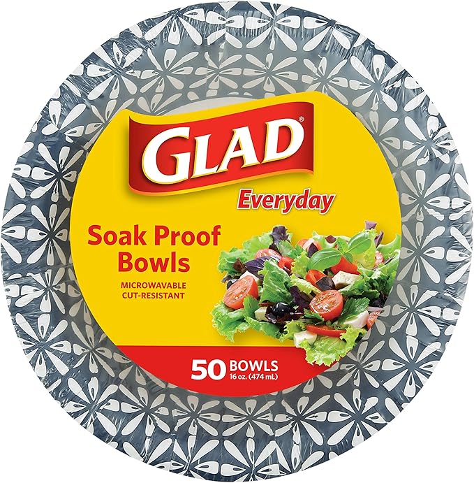 Glad Round Disposable Paper Bowls, Blue Mosaic Design - Heavy Duty, Soak Proof, Cut-Resistant, Microwavable Bowl for All Foods & Daily Use, 16 Oz, 50 Count