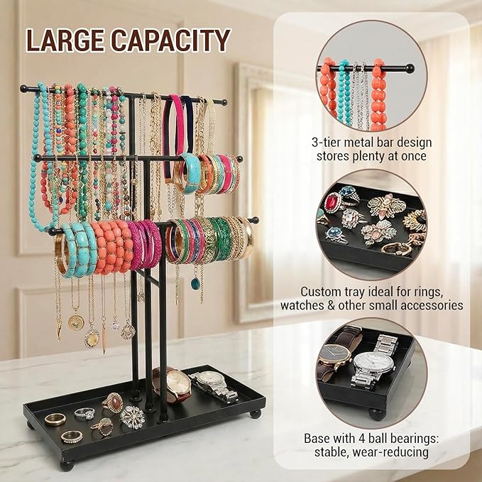 MyGift Modern Jewelry Organizer, 3 Tier Black Metal Tabletop Bracelet and Necklace Jewelry Storage Display Tree Rack with Base Ring Tray