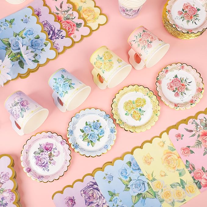 40 Set Floral Tea Cups and Saucers Disposable Tea Party Supplies Colorful - Image 7